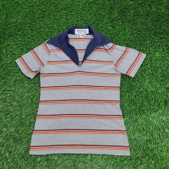 Vintage 80s MOD Stripes Polo Shirt Womens XS/2XS 15x24 Blue Red - Picture 1 of 10